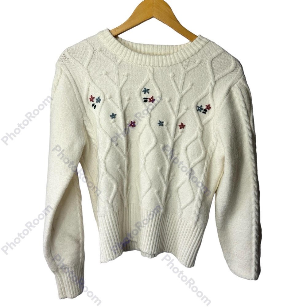 Maison De Roem Cream‎ Floral Crew Neck Sweater Size Small